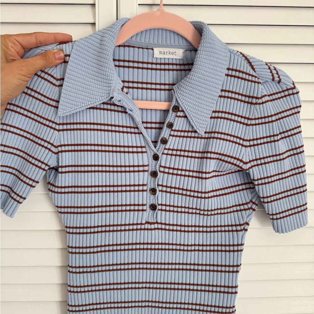 Arket Short Sleeve Top with Blue and Brown Stripes